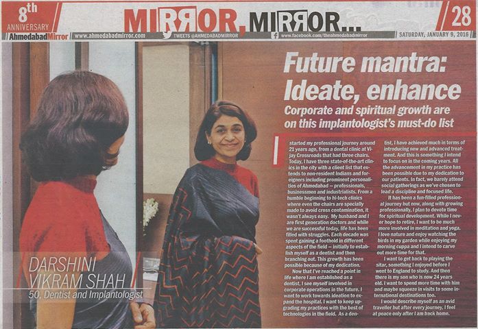 Dr. Darshini V Shah was featured in 9th Jan, 16 Ahmedabad Mirror, Anniversary Special Edition